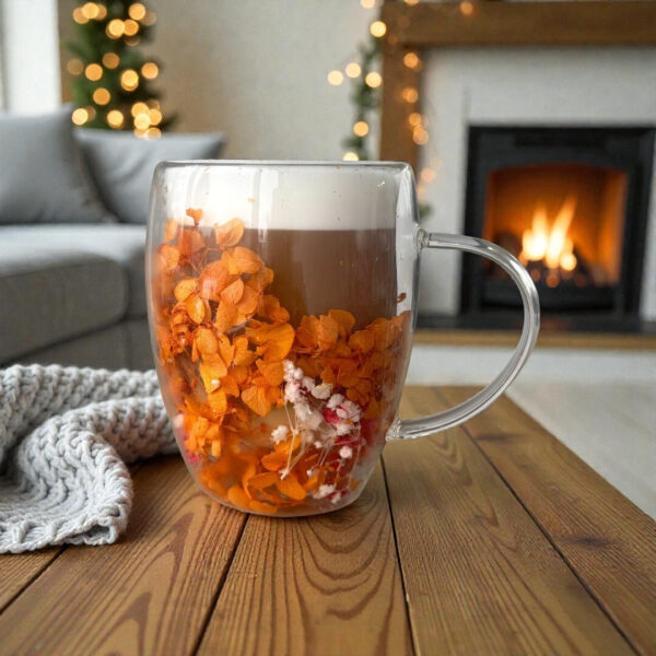 omobg chasha s termo stuklo dvoini steni s estestveni cvetq oranjava hortenzia 300ml i61480 014