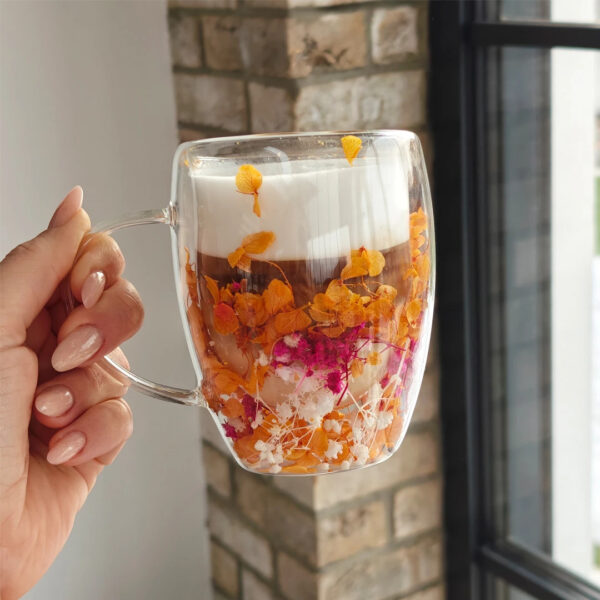 omobg chasha s termo stuklo dvoini steni s estestveni cvetq oranjava hortenzia 300ml i61480 665