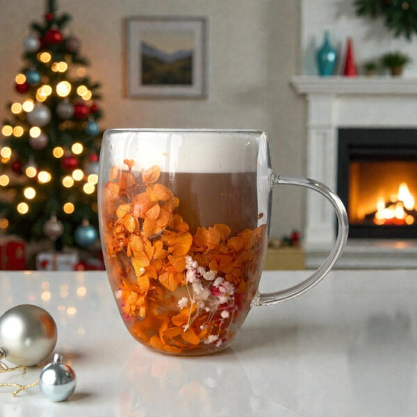 omobg chasha s termo stuklo dvoini steni s estestveni cvetq oranjava hortenzia 300ml i61480 694